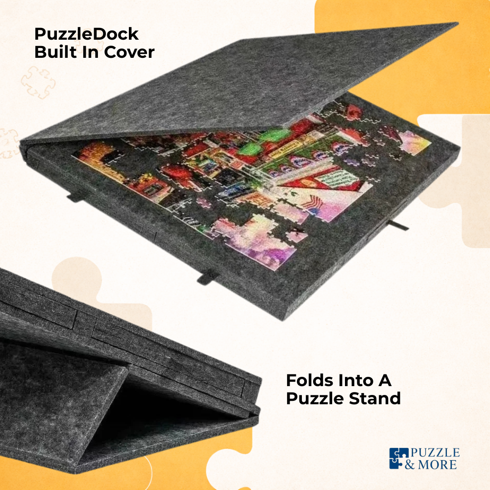 PuzzleDock with a built-in cover and puzzle stand feature, displaying a partially completed puzzle.