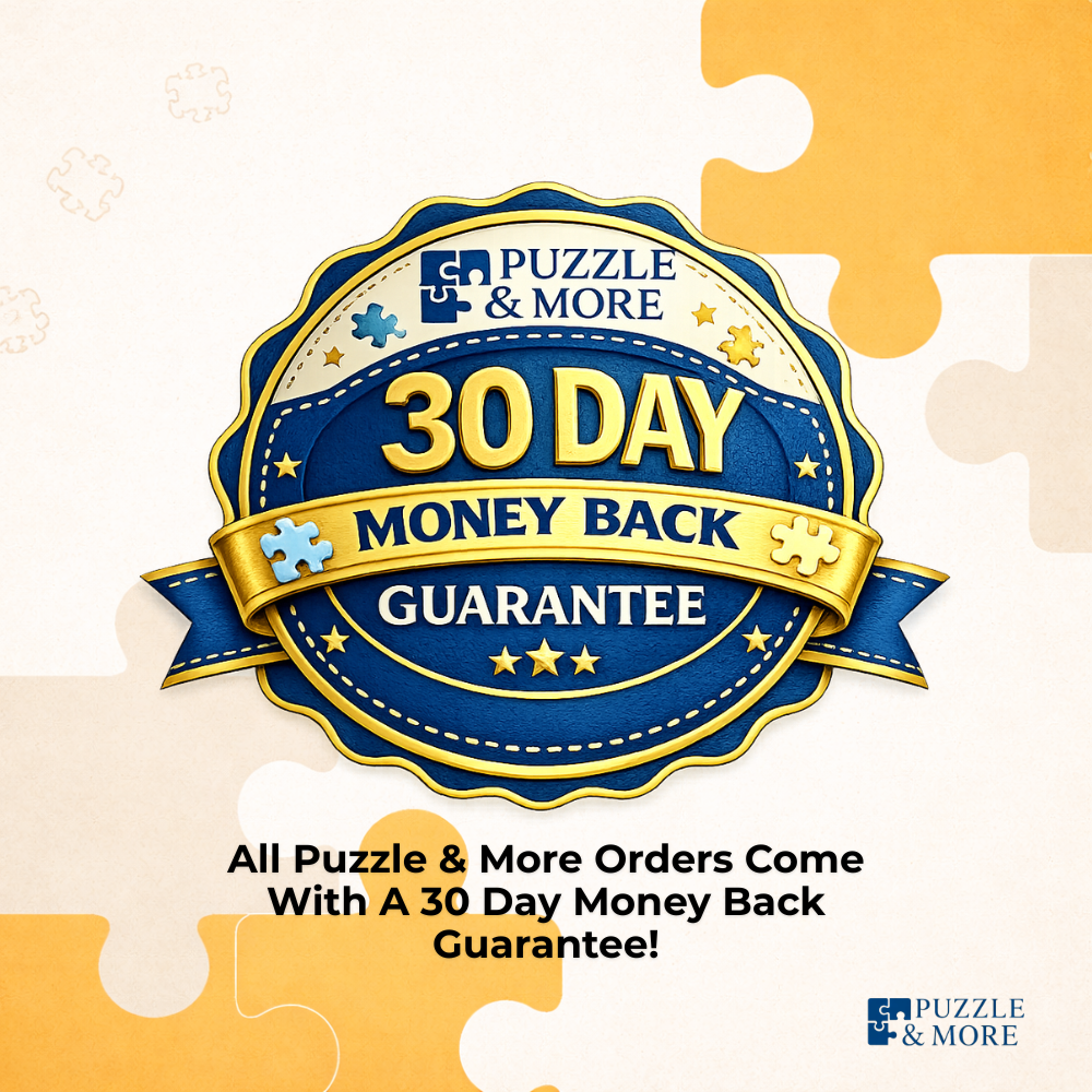 Promotional graphic for Puzzle & More with a 30-day money-back guarantee on a puzzle-themed background.