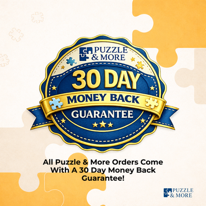 Promotional graphic for Puzzle & More with a 30-day money-back guarantee on a puzzle-themed background.
