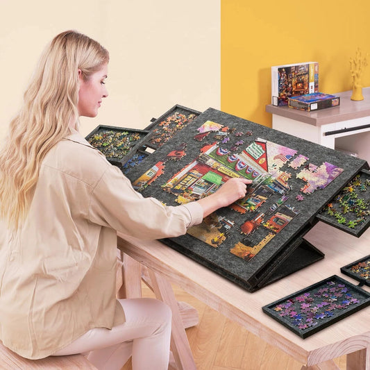 PuzzleDock puzzle workspace with sorting drawers and protective cover