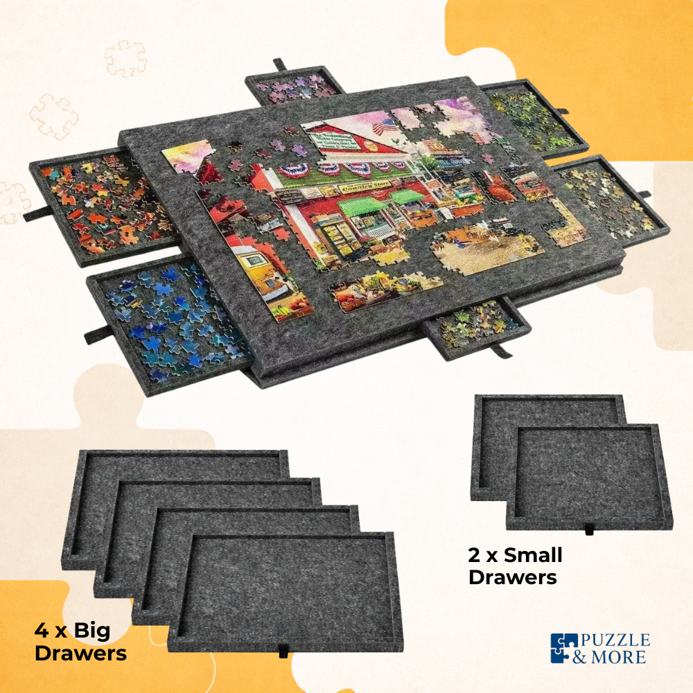 Jigsaw puzzle storage system with big and small drawers on a light background